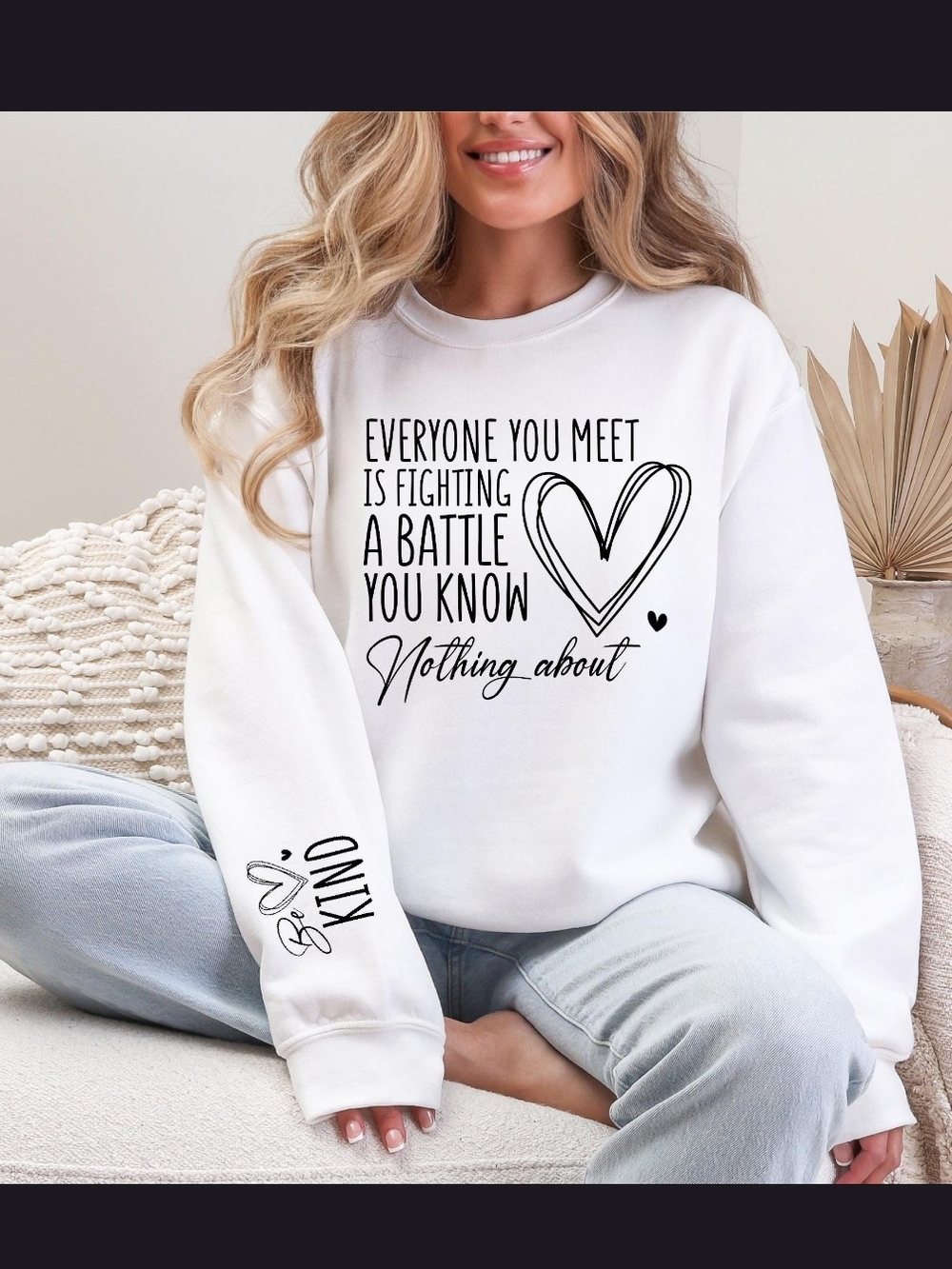 Gildan White Crewneck Sweatshirt with Black Heart & Inspirational Script